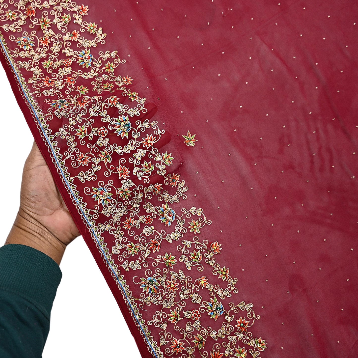 Indian Vintage Heavy Dark Red Dupatta Pure Georgette Silk Long Stole Hand Embroidered Designer By Ritu Kumar Scarves Scarf Zari Zardozi