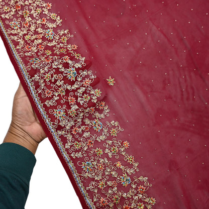 Indian Vintage Heavy Dark Red Dupatta Pure Georgette Silk Long Stole Hand Embroidered Designer By Ritu Kumar Scarves Scarf Zari Zardozi