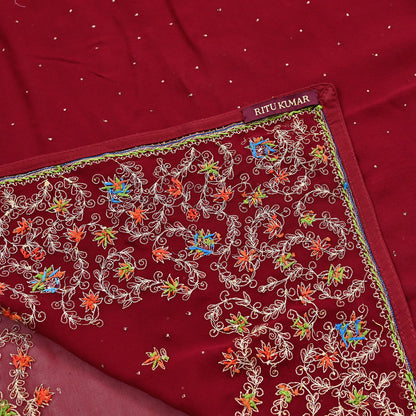 Indian Vintage Heavy Dark Red Dupatta Pure Georgette Silk Long Stole Hand Embroidered Designer By Ritu Kumar Scarves Scarf Zari Zardozi