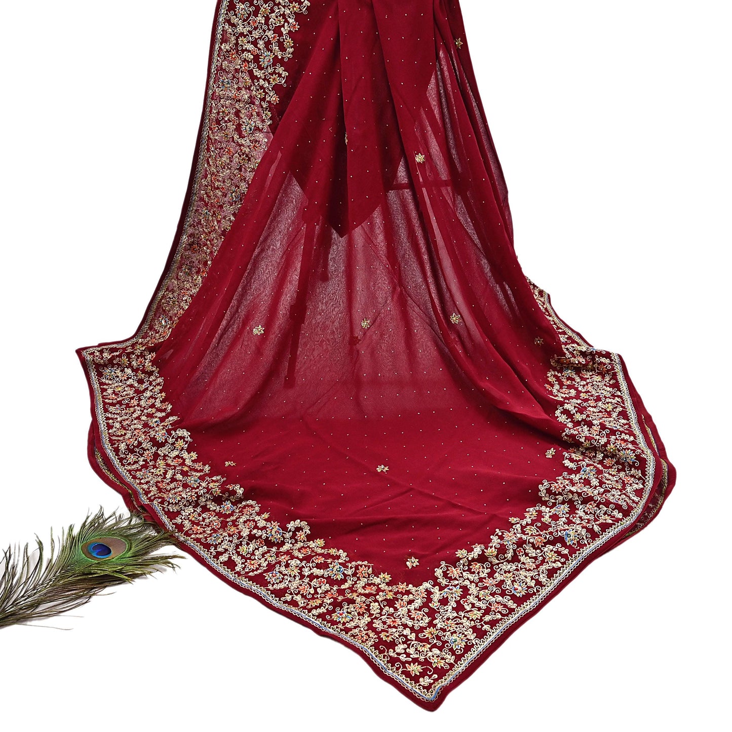 Indian Vintage Heavy Dark Red Dupatta Pure Georgette Silk Long Stole Hand Embroidered Designer By Ritu Kumar Scarves Scarf Zari Zardozi