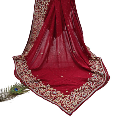Indian Vintage Heavy Dark Red Dupatta Pure Georgette Silk Long Stole Hand Embroidered Designer By Ritu Kumar Scarves Scarf Zari Zardozi