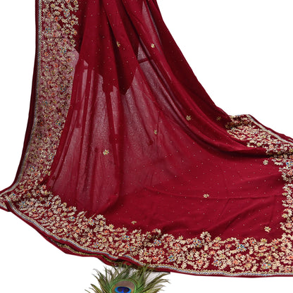 Indian Vintage Heavy Dark Red Dupatta Pure Georgette Silk Long Stole Hand Embroidered Designer By Ritu Kumar Scarves Scarf Zari Zardozi