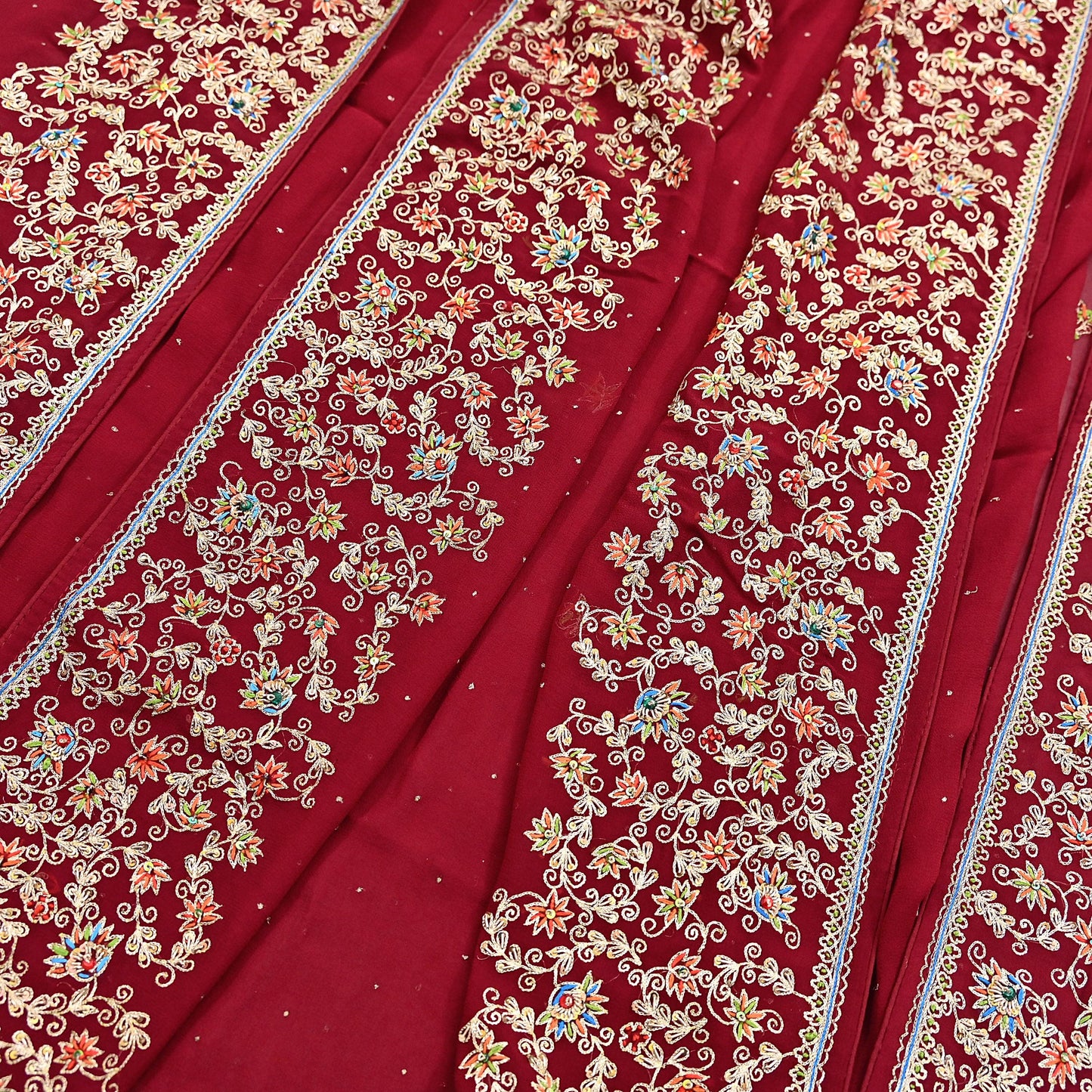 Indian Vintage Heavy Dark Red Dupatta Pure Georgette Silk Long Stole Hand Embroidered Designer By Ritu Kumar Scarves Scarf Zari Zardozi