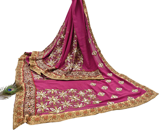 Indian Pre-owned Sari Pink Pure Georgette Silk Hand Embroidered Anamika Khanna Designer Sarees Ethnic 6Yd Sewing  Wedding Sarees