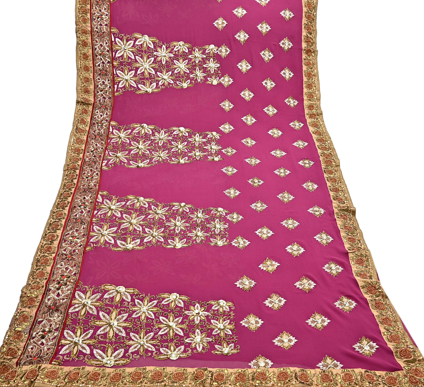 Indian Pre-owned Sari Pink Pure Georgette Silk Hand Embroidered Anamika Khanna Designer Sarees Ethnic 6Yd Sewing  Wedding Sarees
