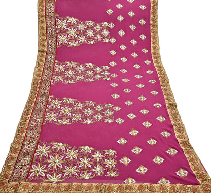 Indian Pre-owned Sari Pink Pure Georgette Silk Hand Embroidered Anamika Khanna Designer Sarees Ethnic 6Yd Sewing  Wedding Sarees