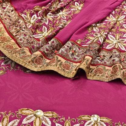 Indian Pre-owned Sari Pink Pure Georgette Silk Hand Embroidered Anamika Khanna Designer Sarees Ethnic 6Yd Sewing  Wedding Sarees