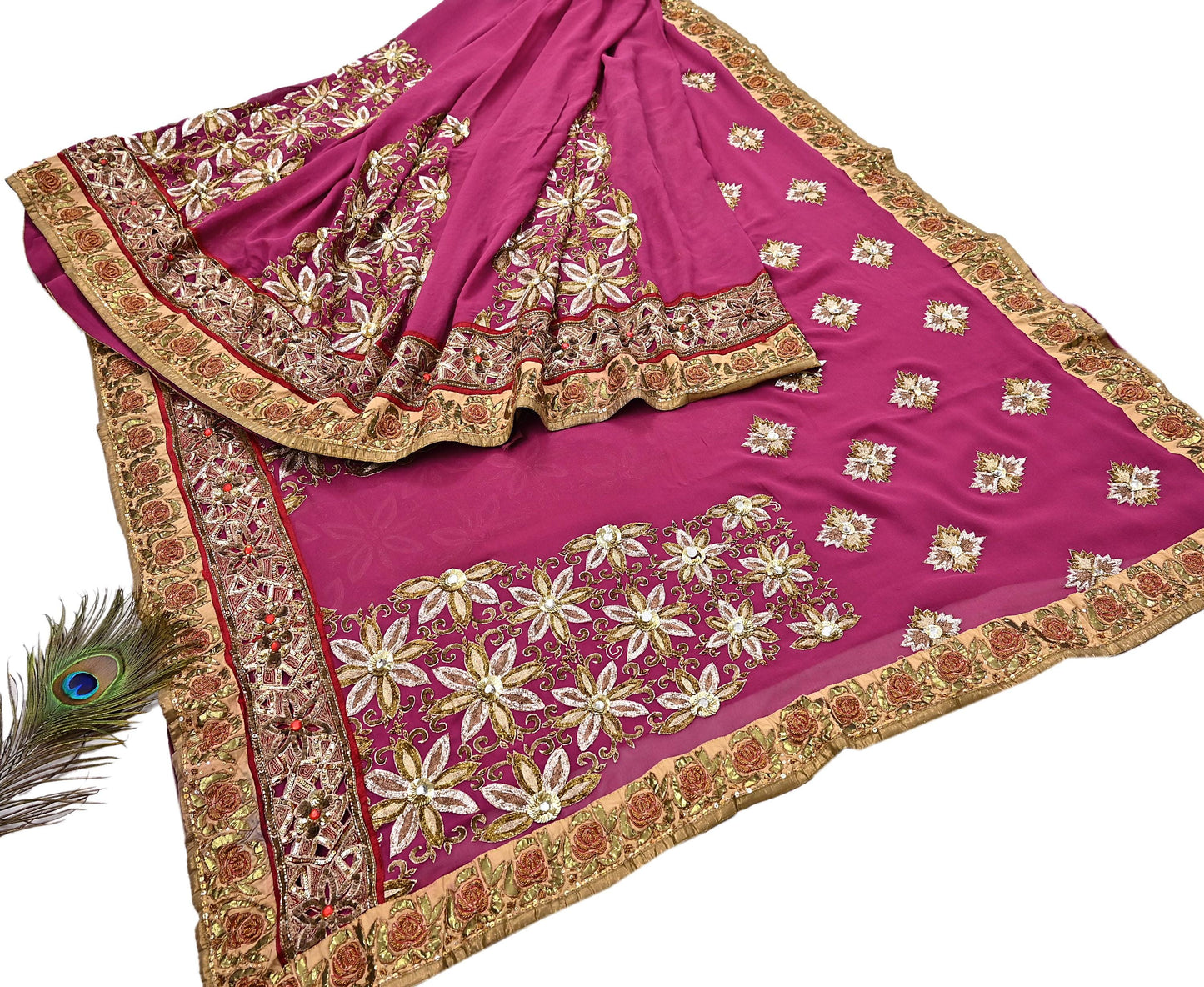 Indian Pre-owned Sari Pink Pure Georgette Silk Hand Embroidered Anamika Khanna Designer Sarees Ethnic 6Yd Sewing  Wedding Sarees