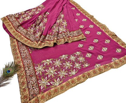 Indian Pre-owned Sari Pink Pure Georgette Silk Hand Embroidered Anamika Khanna Designer Sarees Ethnic 6Yd Sewing  Wedding Sarees
