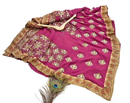 Indian Pre-owned Sari Pink Pure Georgette Silk Hand Embroidered Anamika Khanna Designer Sarees Ethnic 6Yd Sewing  Wedding Sarees