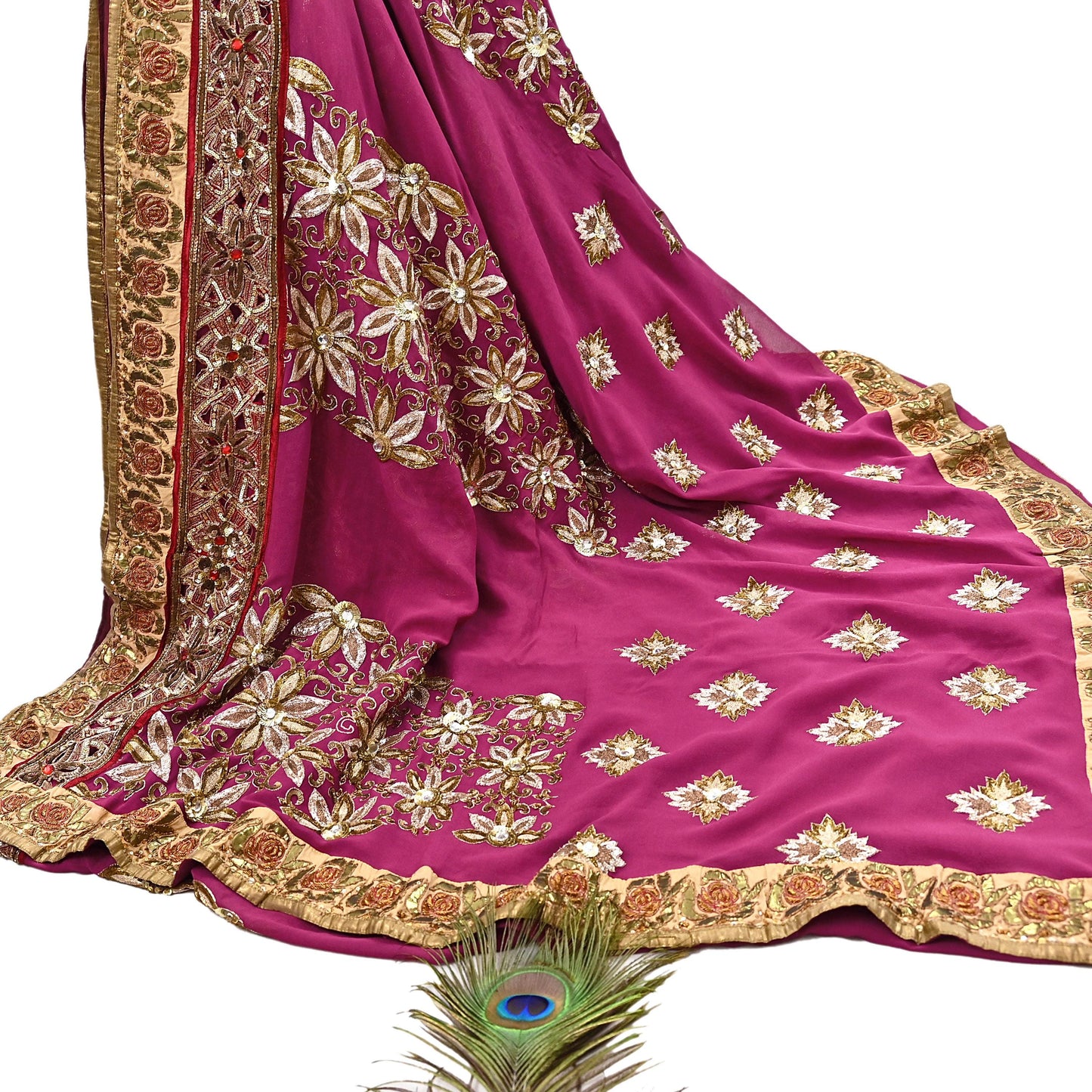 Indian Pre-owned Sari Pink Pure Georgette Silk Hand Embroidered Anamika Khanna Designer Sarees Ethnic 6Yd Sewing  Wedding Sarees