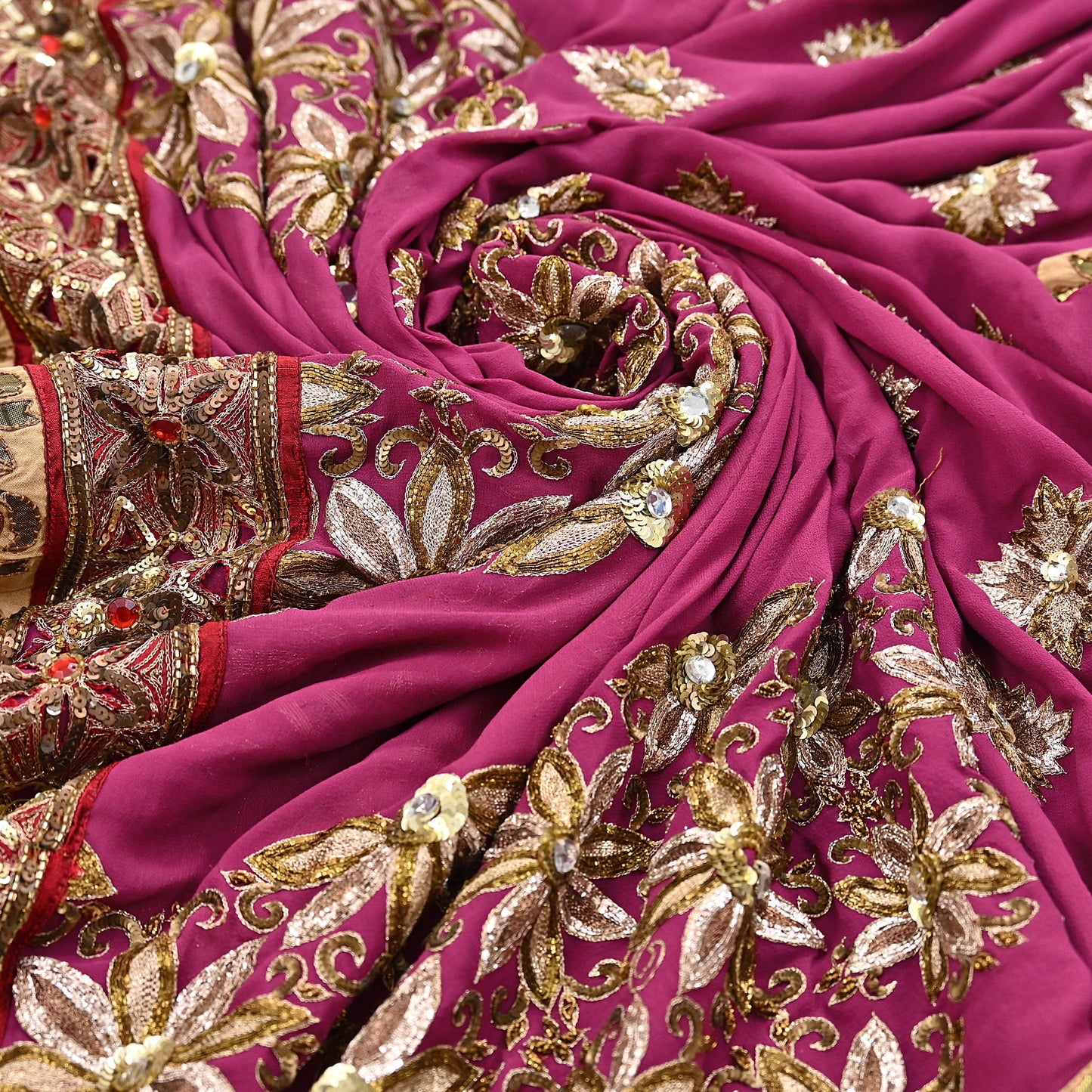 Indian Pre-owned Sari Pink Pure Georgette Silk Hand Embroidered Anamika Khanna Designer Sarees Ethnic 6Yd Sewing  Wedding Sarees