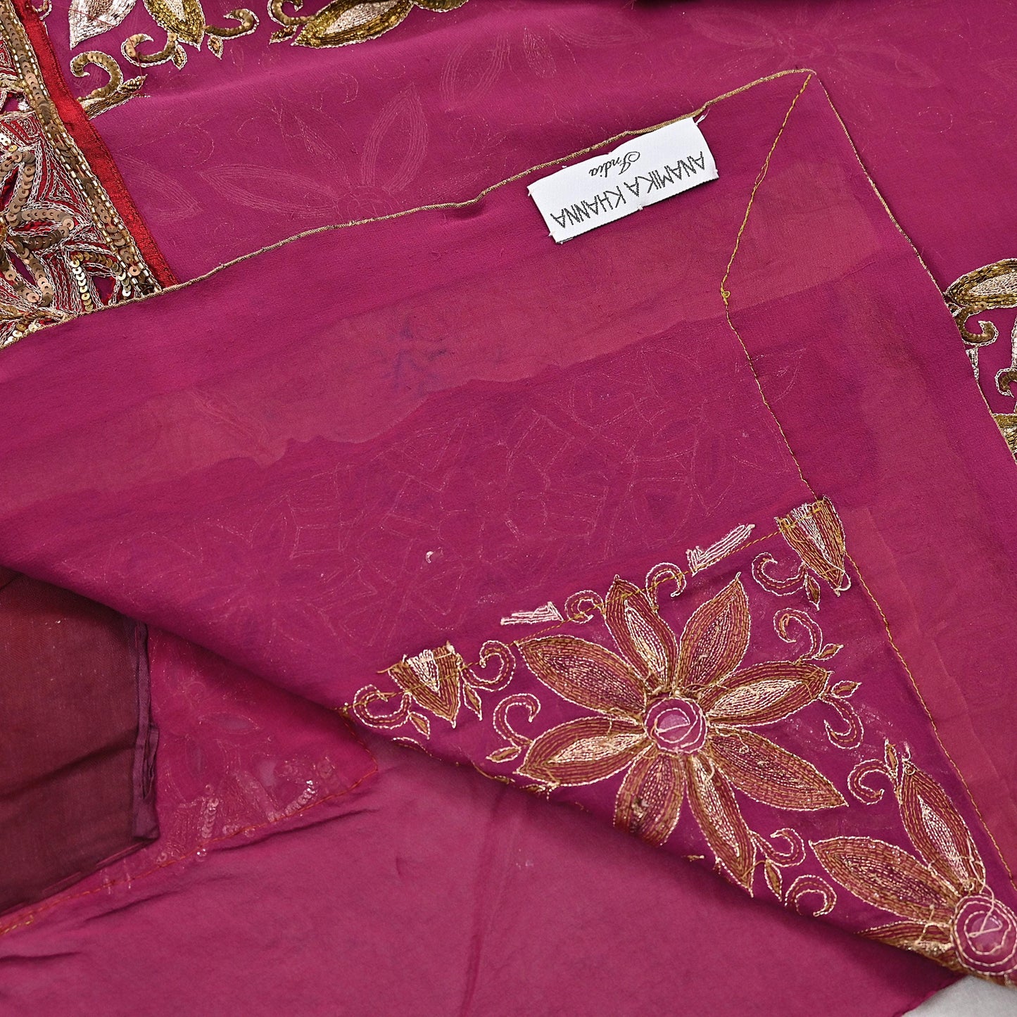 Indian Pre-owned Sari Pink Pure Georgette Silk Hand Embroidered Anamika Khanna Designer Sarees Ethnic 6Yd Sewing  Wedding Sarees
