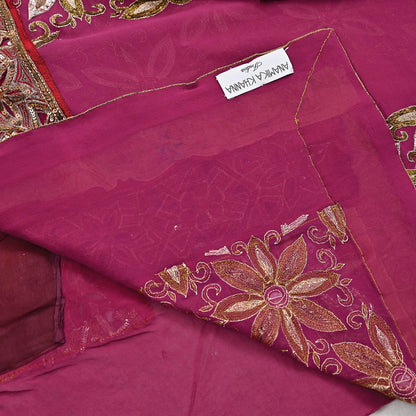 Indian Pre-owned Sari Pink Pure Georgette Silk Hand Embroidered Anamika Khanna Designer Sarees Ethnic 6Yd Sewing  Wedding Sarees