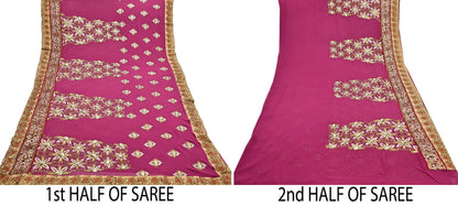 Indian Pre-owned Sari Pink Pure Georgette Silk Hand Embroidered Anamika Khanna Designer Sarees Ethnic 6Yd Sewing  Wedding Sarees