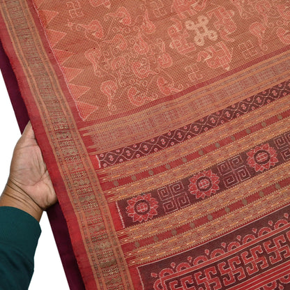 Indian Vintage Maroon Single Ikat Sambalpuri Patola Saree  100% Pure Silk Handwoven 5 Yards Zari Border Craft Fabric