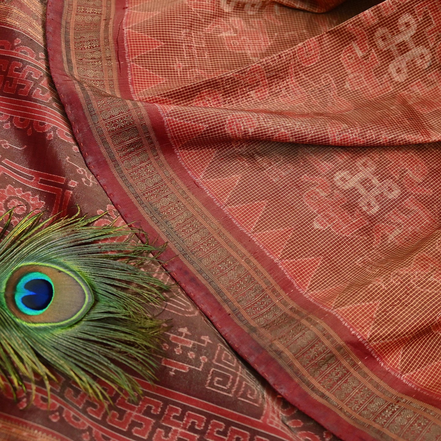 Indian Vintage Maroon Single Ikat Sambalpuri Patola Saree  100% Pure Silk Handwoven 5 Yards Zari Border Craft Fabric