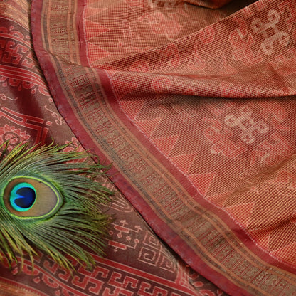 Indian Vintage Maroon Single Ikat Sambalpuri Patola Saree  100% Pure Silk Handwoven 5 Yards Zari Border Craft Fabric