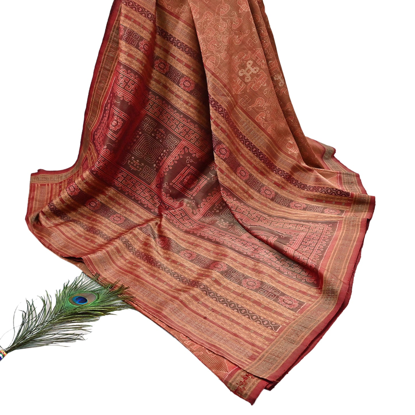 Indian Vintage Maroon Single Ikat Sambalpuri Patola Saree  100% Pure Silk Handwoven 5 Yards Zari Border Craft Fabric