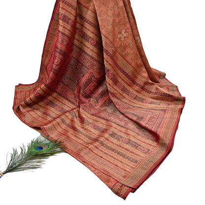 Indian Vintage Maroon Single Ikat Sambalpuri Patola Saree  100% Pure Silk Handwoven 5 Yards Zari Border Craft Fabric