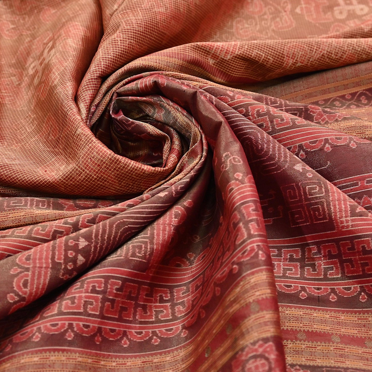 Indian Vintage Maroon Single Ikat Sambalpuri Patola Saree  100% Pure Silk Handwoven 5 Yards Zari Border Craft Fabric