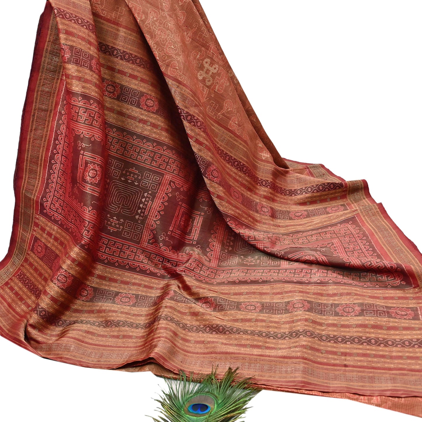 Indian Vintage Maroon Single Ikat Sambalpuri Patola Saree  100% Pure Silk Handwoven 5 Yards Zari Border Craft Fabric