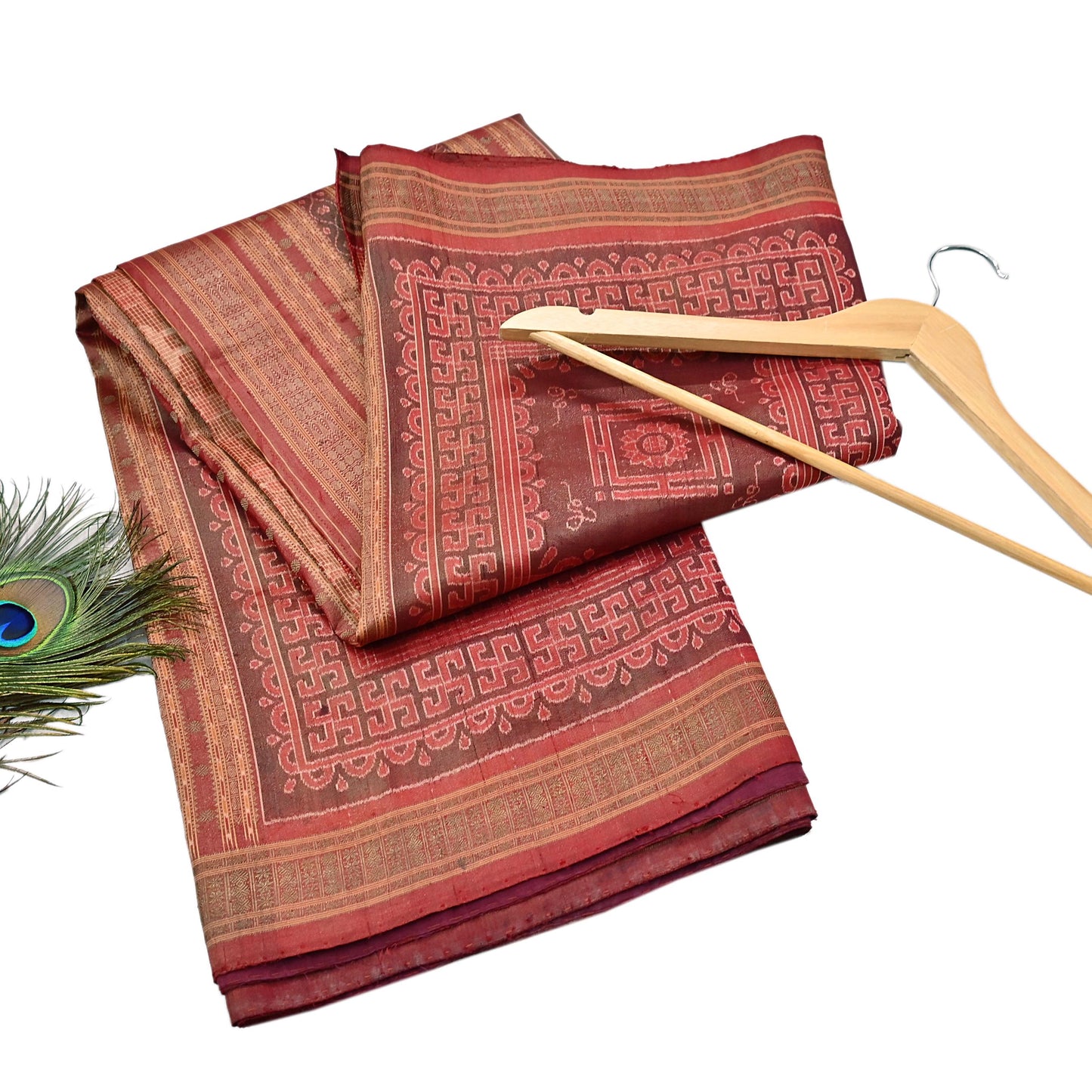 Indian Vintage Maroon Single Ikat Sambalpuri Patola Saree  100% Pure Silk Handwoven 5 Yards Zari Border Craft Fabric