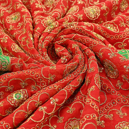 Antique Vintage Red Georgette Saree Hand Beaded Heavy Zari Ethnic Wedding Sari 5Yd Craft Fabric Dress Making Sewing