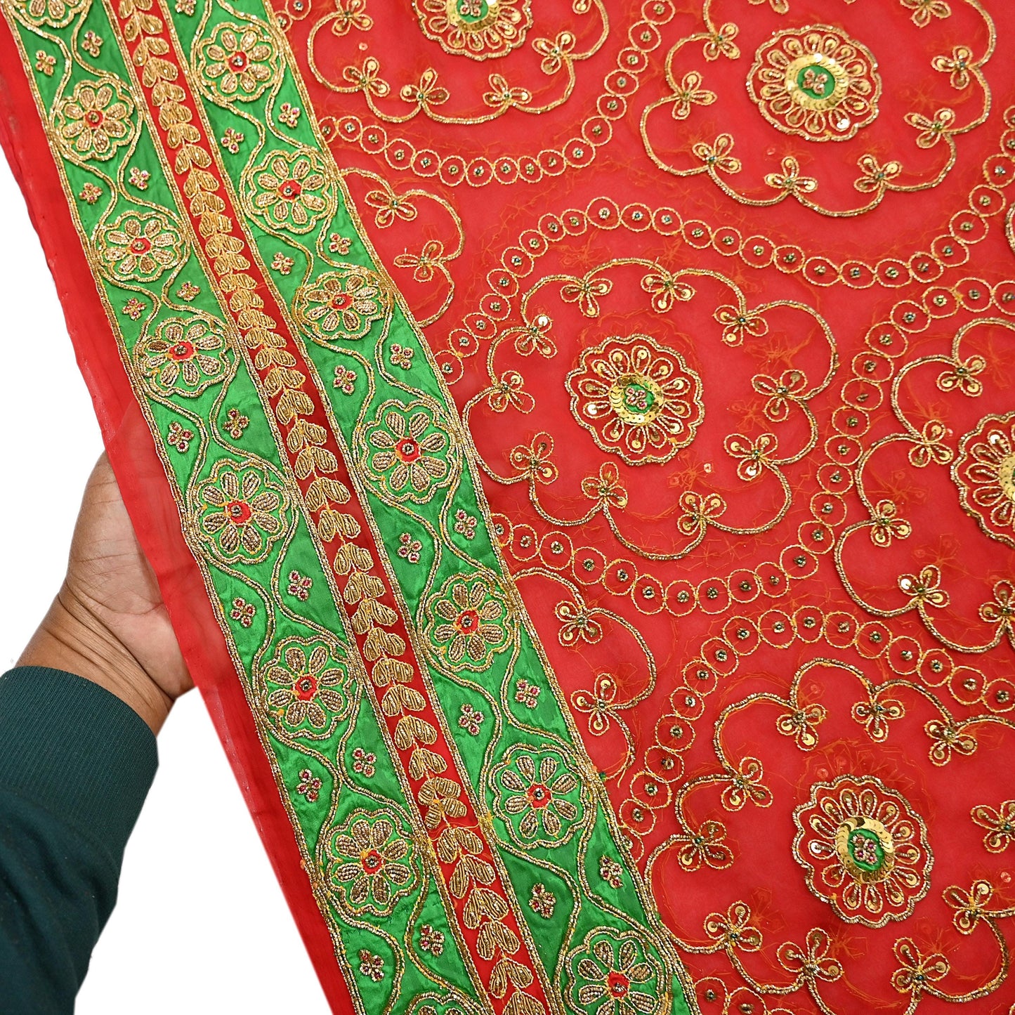 Antique Vintage Red Georgette Saree Hand Beaded Heavy Zari Ethnic Wedding Sari 5Yd Craft Fabric Dress Making Sewing