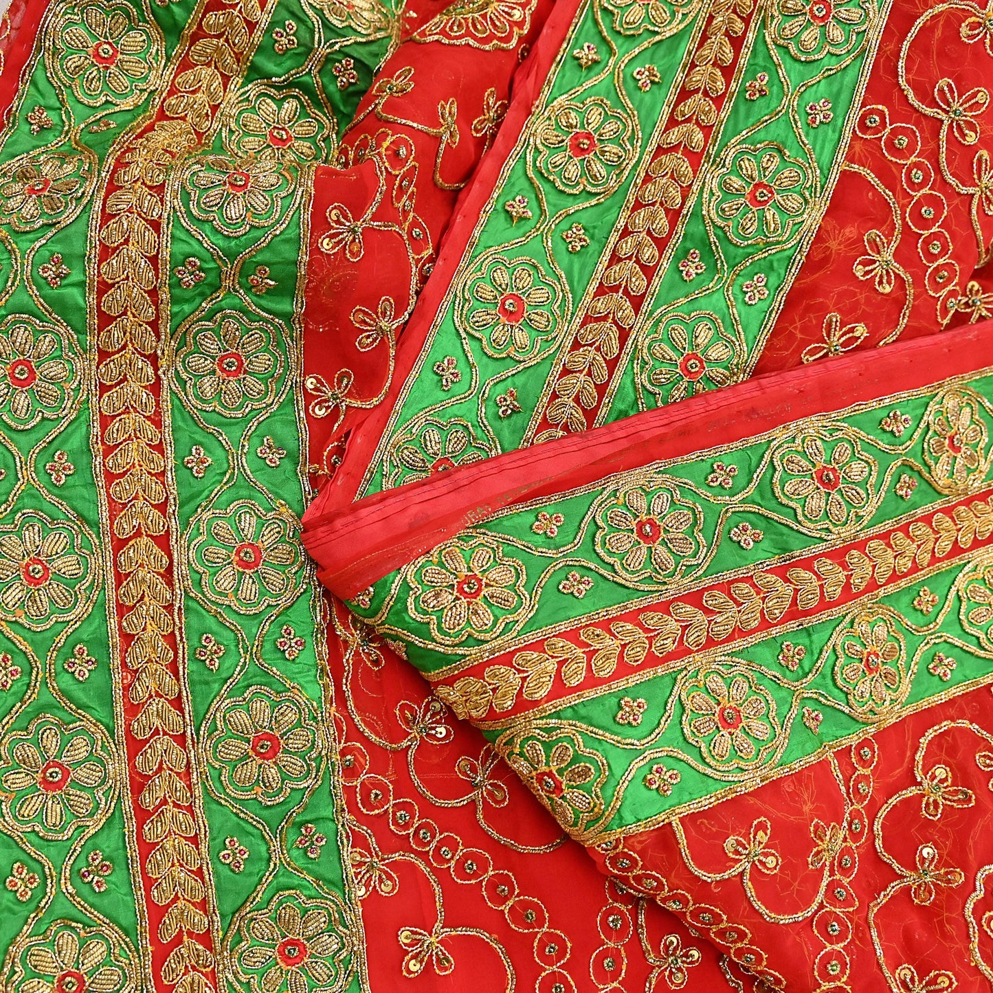 Antique Vintage Red Georgette Saree Hand Beaded Heavy Zari Ethnic Wedding Sari 5Yd Craft Fabric Dress Making Sewing