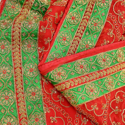 Antique Vintage Red Georgette Saree Hand Beaded Heavy Zari Ethnic Wedding Sari 5Yd Craft Fabric Dress Making Sewing