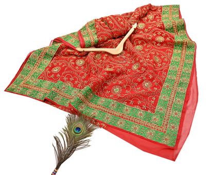 Antique Vintage Red Georgette Saree Hand Beaded Heavy Zari Ethnic Wedding Sari 5Yd Craft Fabric Dress Making Sewing