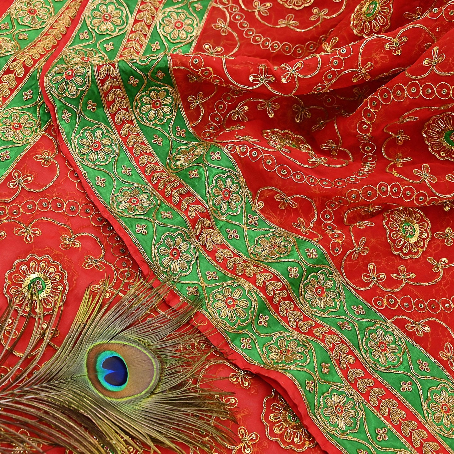 Antique Vintage Red Georgette Saree Hand Beaded Heavy Zari Ethnic Wedding Sari 5Yd Craft Fabric Dress Making Sewing