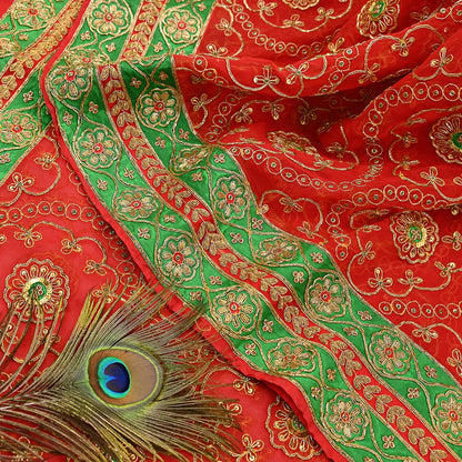 Antique Vintage Red Georgette Saree Hand Beaded Heavy Zari Ethnic Wedding Sari 5Yd Craft Fabric Dress Making Sewing