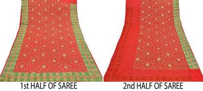 Antique Vintage Red Georgette Saree Hand Beaded Heavy Zari Ethnic Wedding Sari 5Yd Craft Fabric Dress Making Sewing