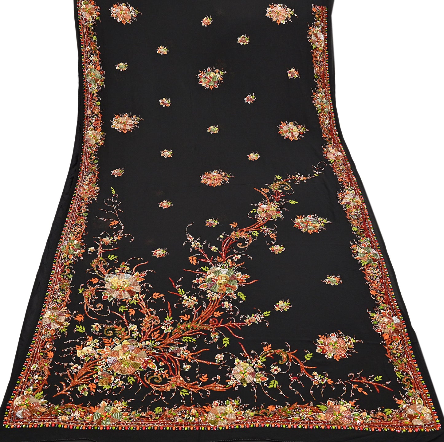 Indian Vintage Heavy Sari Black Pure Georgette Silk Hand Embroidered Parsi Gara Sarees Craft Fabric 5Yd Sewing Dress making Wedding sari