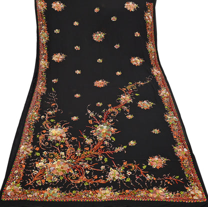 Indian Vintage Heavy Sari Black Pure Georgette Silk Hand Embroidered Parsi Gara Sarees Craft Fabric 5Yd Sewing Dress making Wedding sari