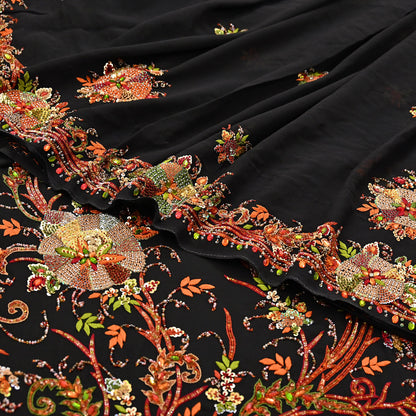 Indian Vintage Heavy Sari Black Pure Georgette Silk Hand Embroidered Parsi Gara Sarees Craft Fabric 5Yd Sewing Dress making Wedding sari