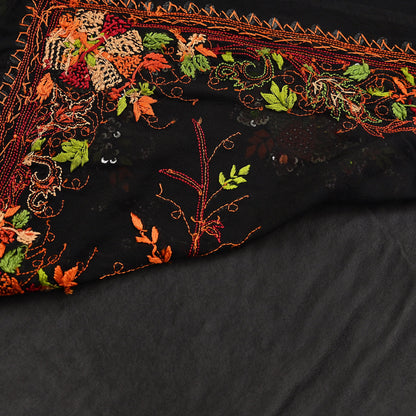 Indian Vintage Heavy Sari Black Pure Georgette Silk Hand Embroidered Parsi Gara Sarees Craft Fabric 5Yd Sewing Dress making Wedding sari