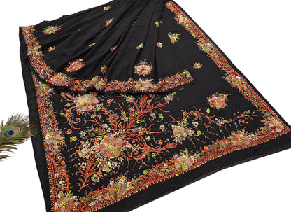 Indian Vintage Heavy Sari Black Pure Georgette Silk Hand Embroidered Parsi Gara Sarees Craft Fabric 5Yd Sewing Dress making Wedding sari