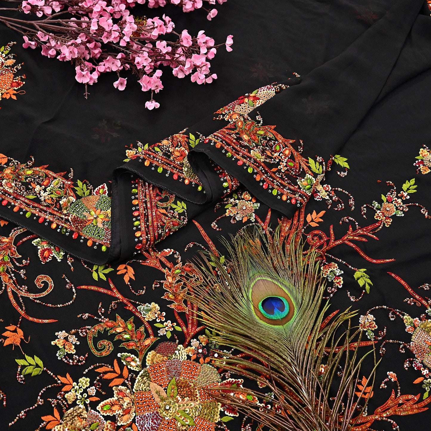 Indian Vintage Heavy Sari Black Pure Georgette Silk Hand Embroidered Parsi Gara Sarees Craft Fabric 5Yd Sewing Dress making Wedding sari