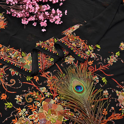 Indian Vintage Heavy Sari Black Pure Georgette Silk Hand Embroidered Parsi Gara Sarees Craft Fabric 5Yd Sewing Dress making Wedding sari