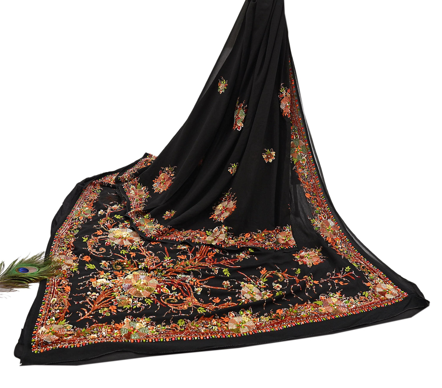 Indian Vintage Heavy Sari Black Pure Georgette Silk Hand Embroidered Parsi Gara Sarees Craft Fabric 5Yd Sewing Dress making Wedding sari