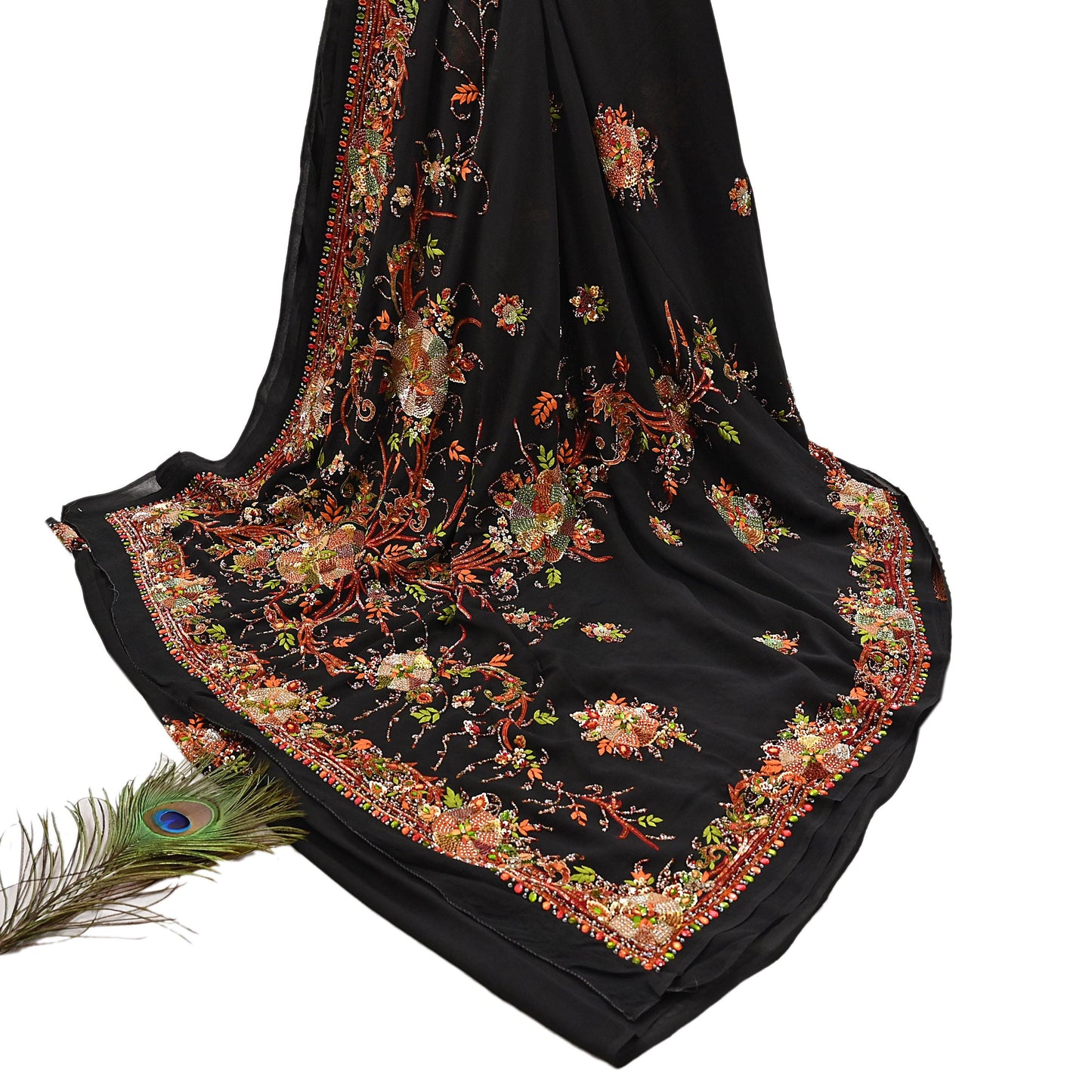 Indian Vintage Heavy Sari Black Pure Georgette Silk Hand Embroidered Parsi Gara Sarees Craft Fabric 5Yd Sewing Dress making Wedding sari