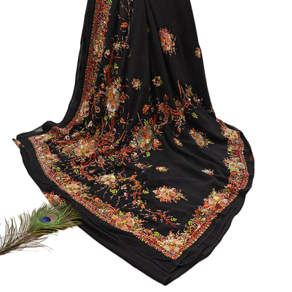 Indian Vintage Heavy Sari Black Pure Georgette Silk Hand Embroidered Parsi Gara Sarees Craft Fabric 5Yd Sewing Dress making Wedding sari