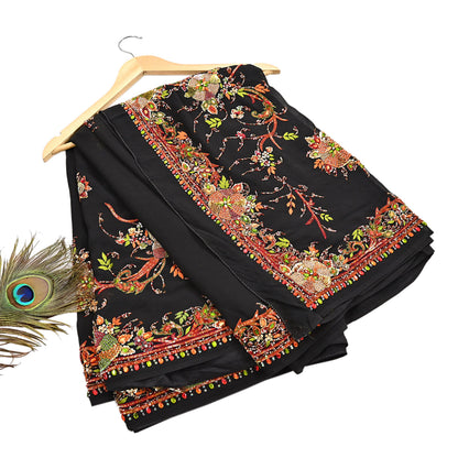 Indian Vintage Heavy Sari Black Pure Georgette Silk Hand Embroidered Parsi Gara Sarees Craft Fabric 5Yd Sewing Dress making Wedding sari