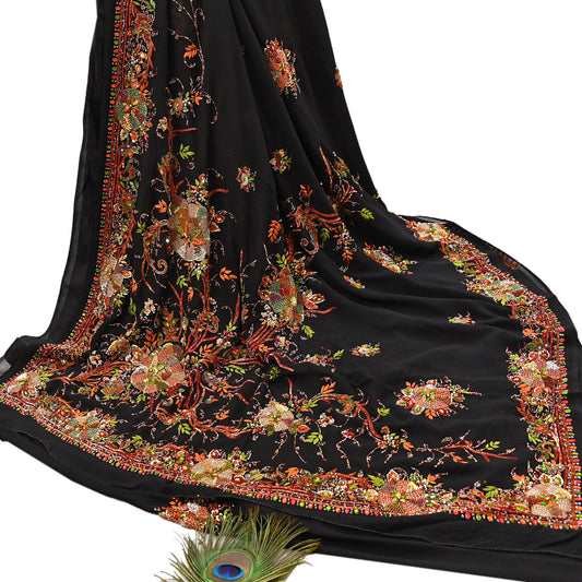 Indian Vintage Heavy Sari Black Pure Georgette Silk Hand Embroidered Parsi Gara Sarees Craft Fabric 5Yd Sewing Dress making Wedding sari