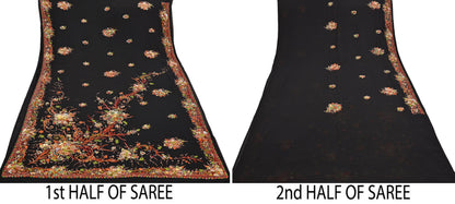 Indian Vintage Heavy Sari Black Pure Georgette Silk Hand Embroidered Parsi Gara Sarees Craft Fabric 5Yd Sewing Dress making Wedding sari