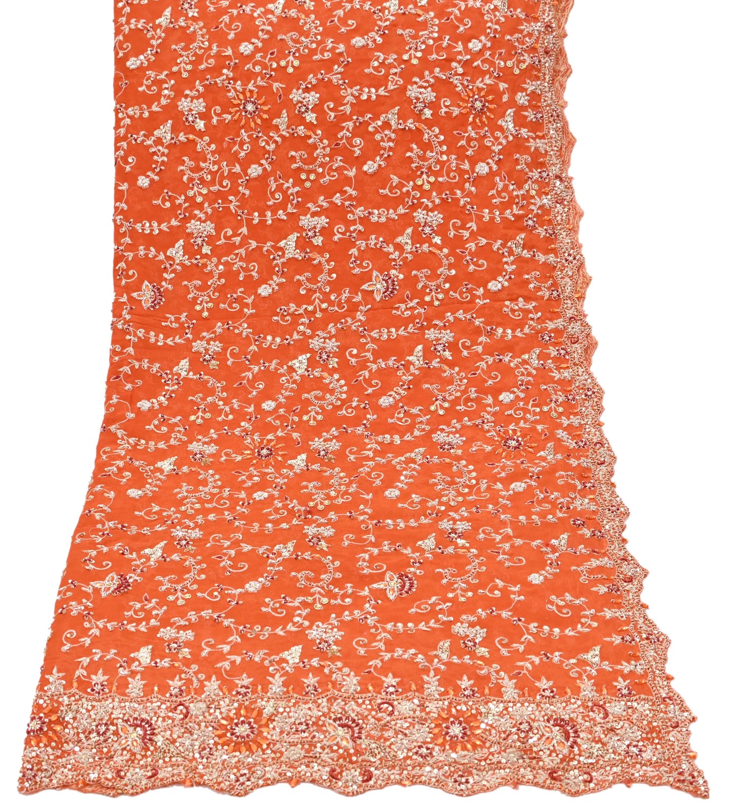 Indian Vintage Orange Pure Georgette Silk Hand Embroidered Lehenga 2pcs Set, Bollywood Wedding Wear