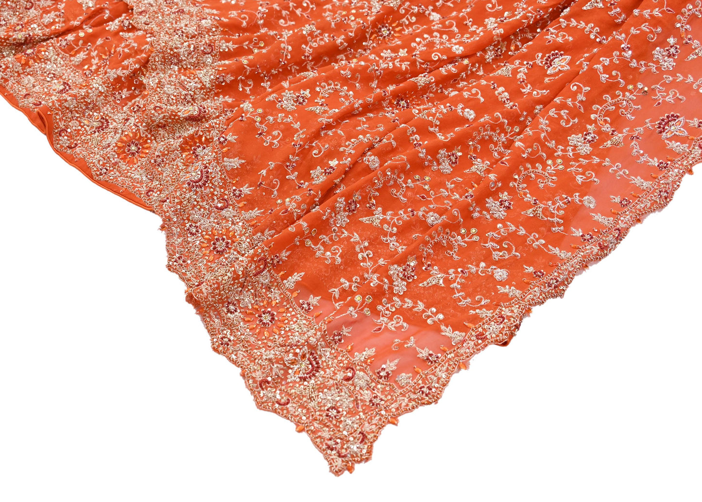 Indian Vintage Orange Pure Georgette Silk Hand Embroidered Lehenga 2pcs Set, Bollywood Wedding Wear
